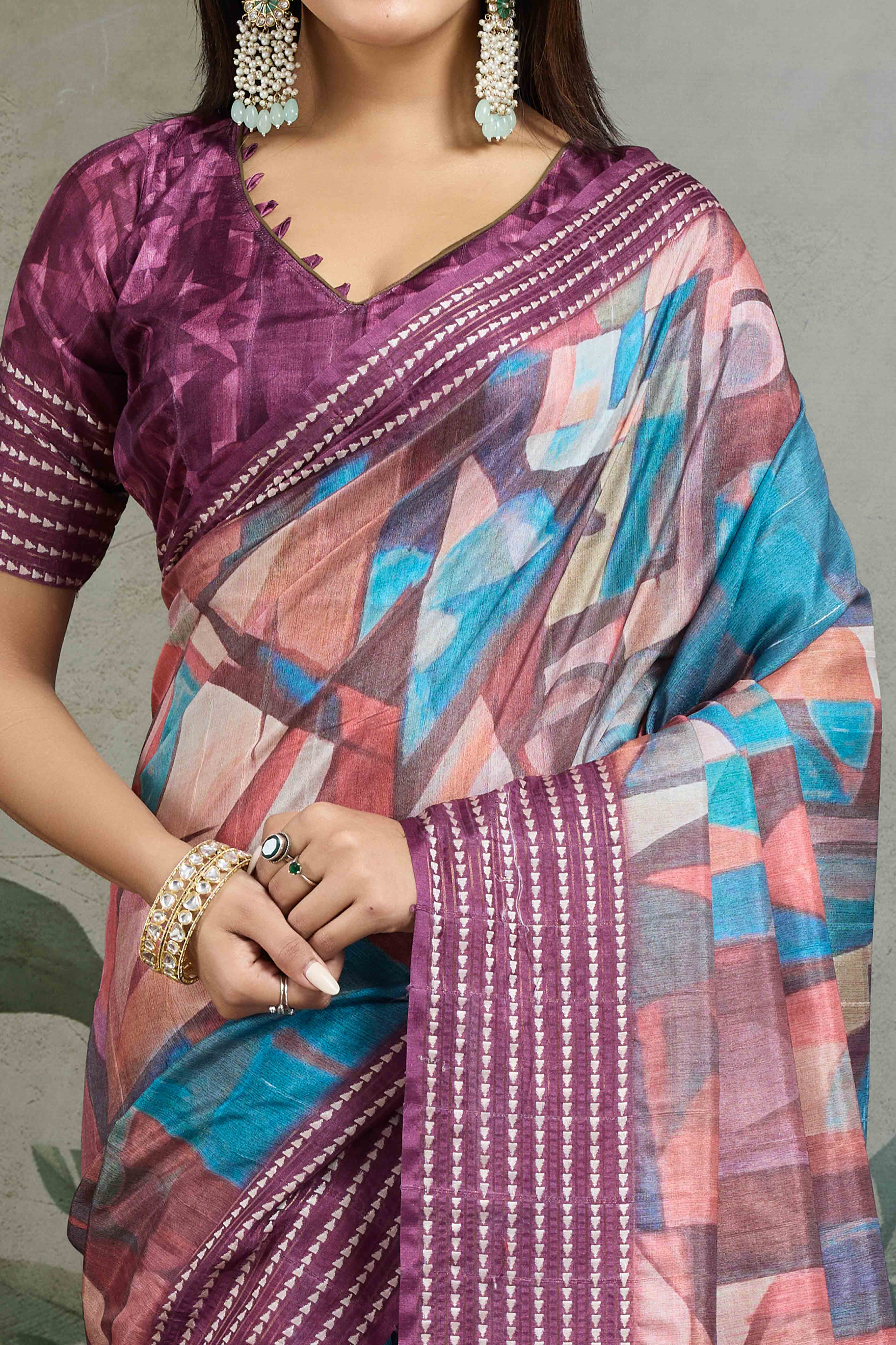 Purple Silk Blend Saree with Geometric Print