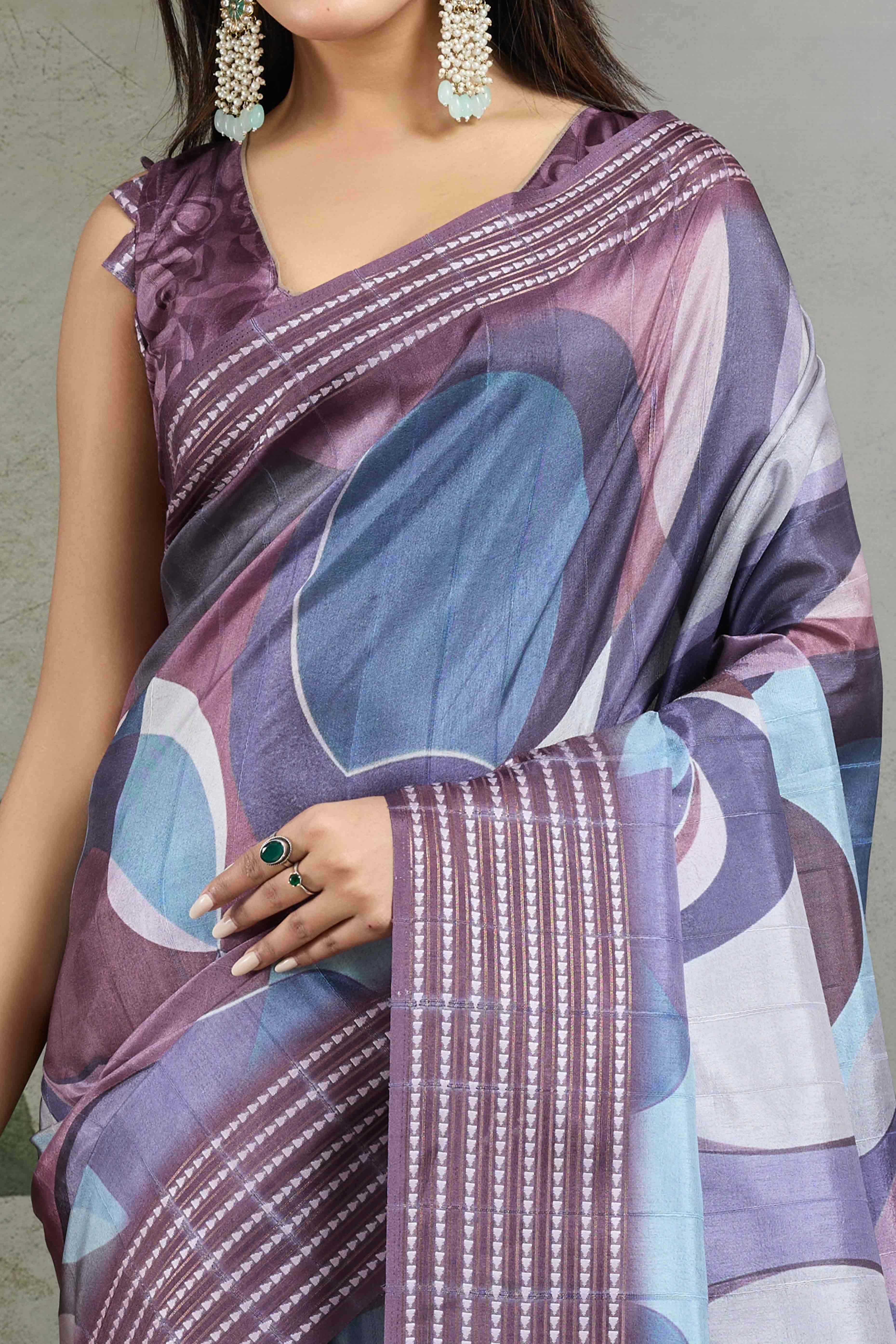 Wine Silk Blend Saree with Geometric Print
