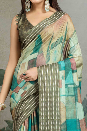 Green Silk Blend Saree with Geometric Print