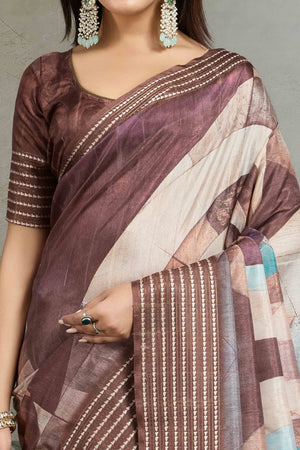 Brown Silk Blend Saree with Geometric Print