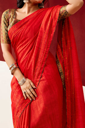 Graceful Red Handloom Cotton Blend Saree Featuring Striped Lining Embroidery & Tassel Pallu
