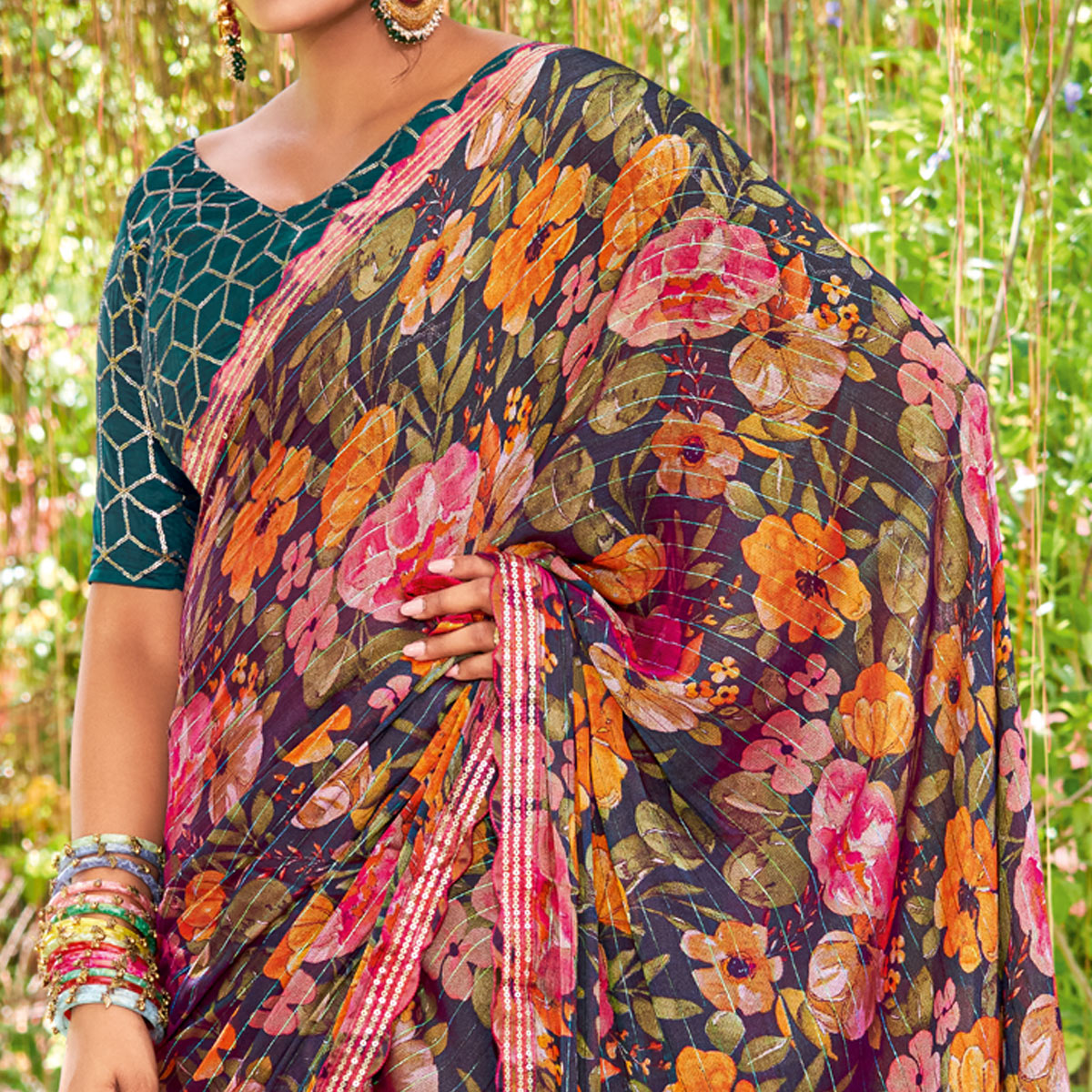 Dark Teal Floral Printed Chiffon Saree With Zari Work