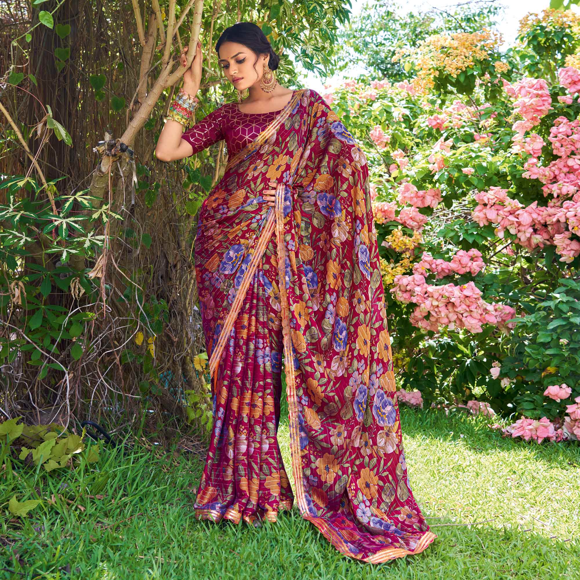 Magenta Floral Printed Chiffon Saree With Zari Work