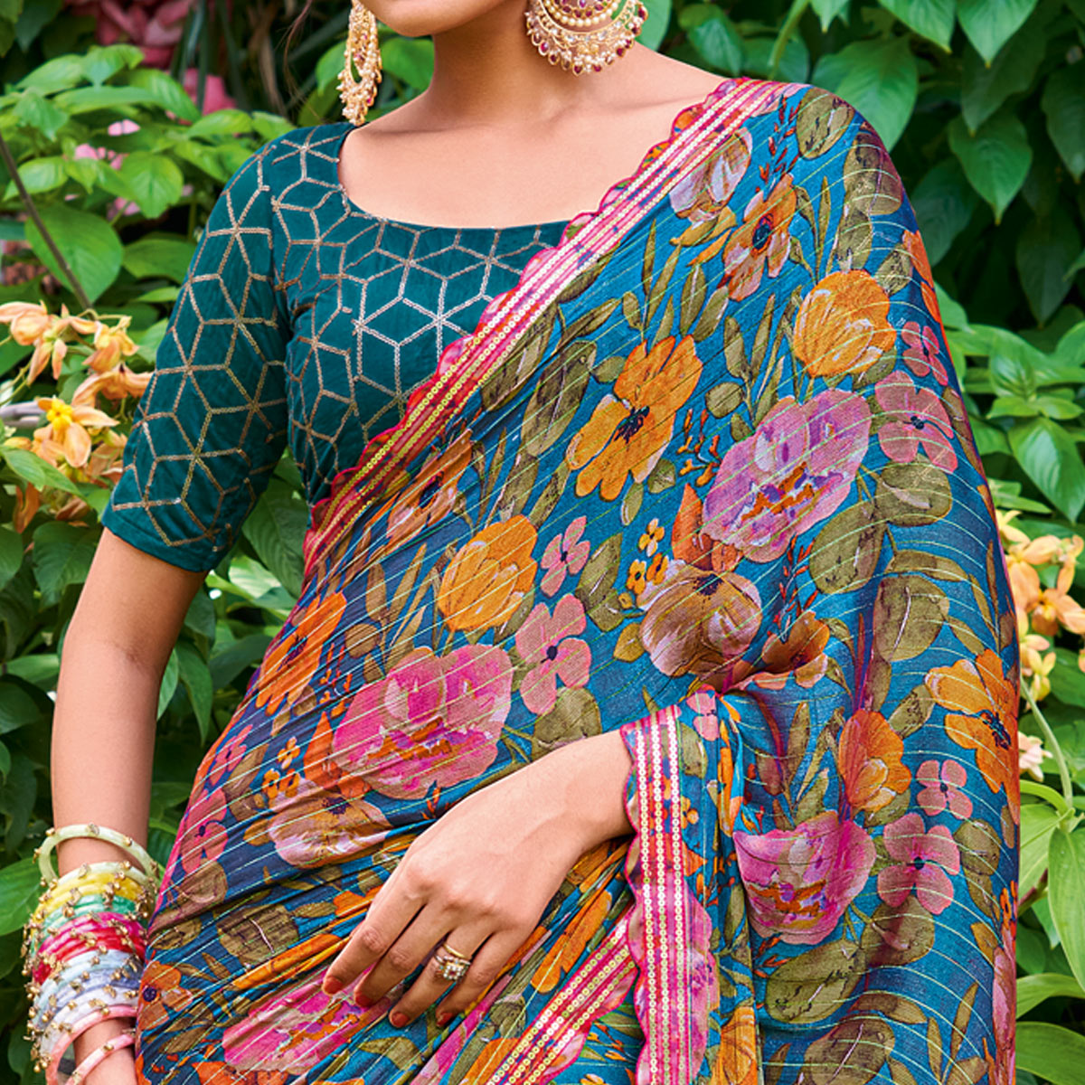 Teal Floral Printed Chiffon Saree With Zari Work