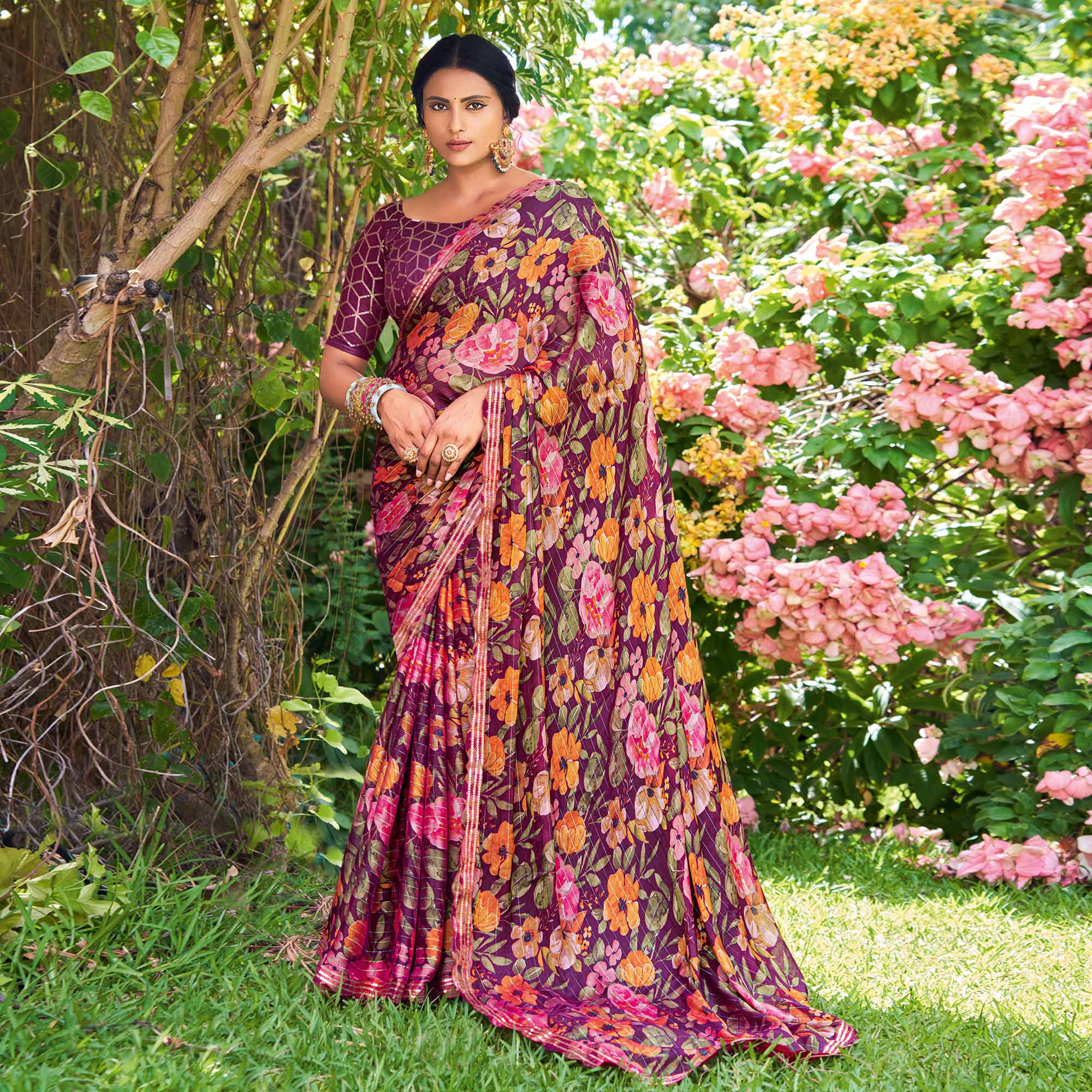 Purple Floral Printed Chiffon Saree With Zari Work