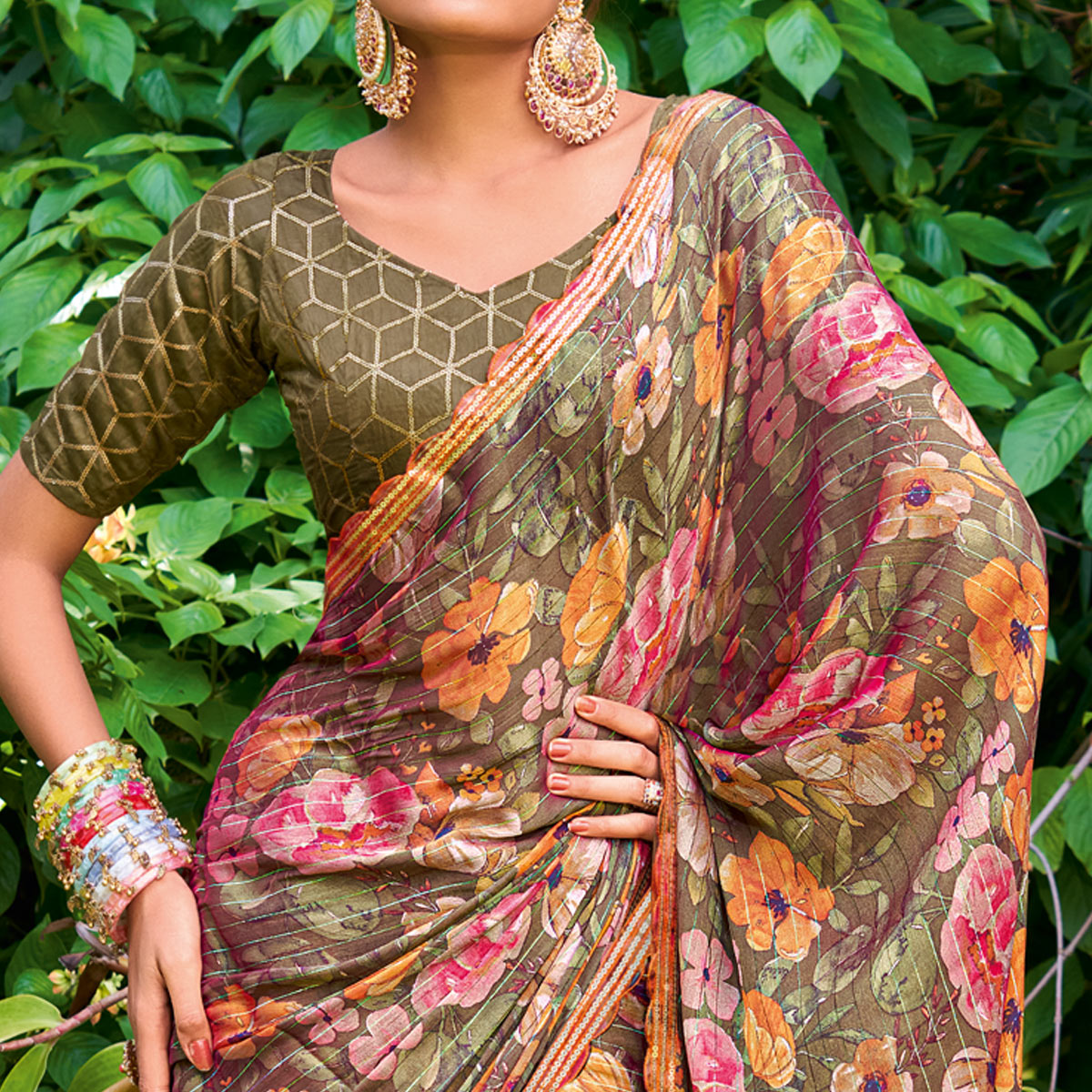 Brown Floral Printed Chiffon Saree With Zari Work