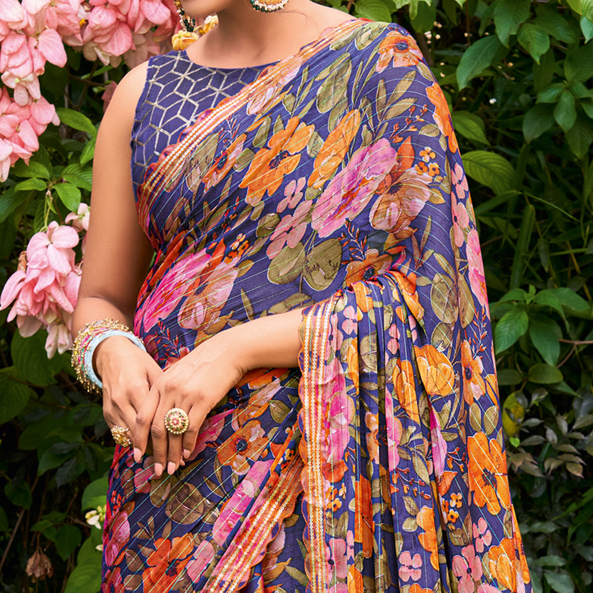 Blue Floral Printed Chiffon Saree With Zari Work