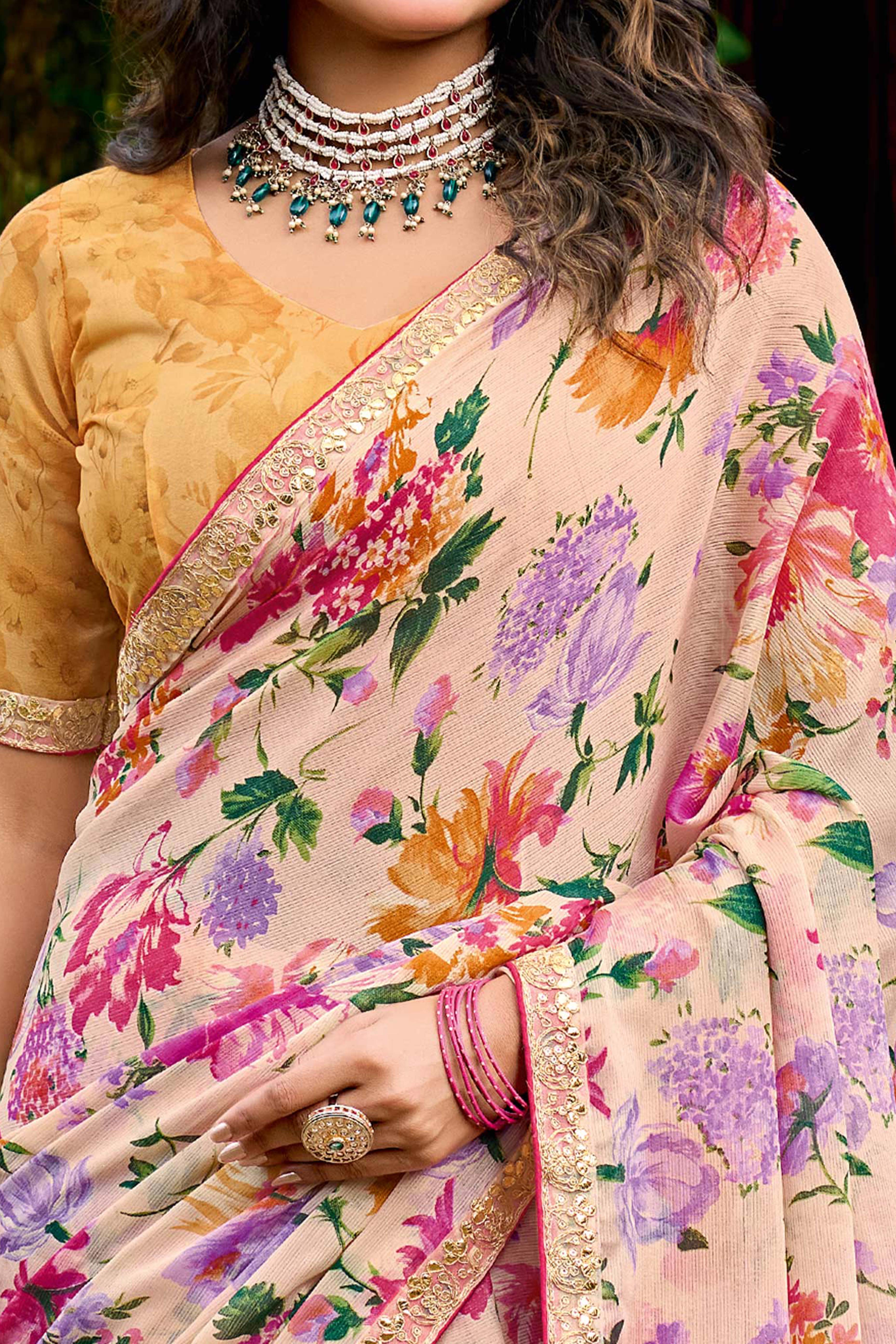 Beige Floral Chiffon Saree Enhanced with Fine Embroidery on the Border