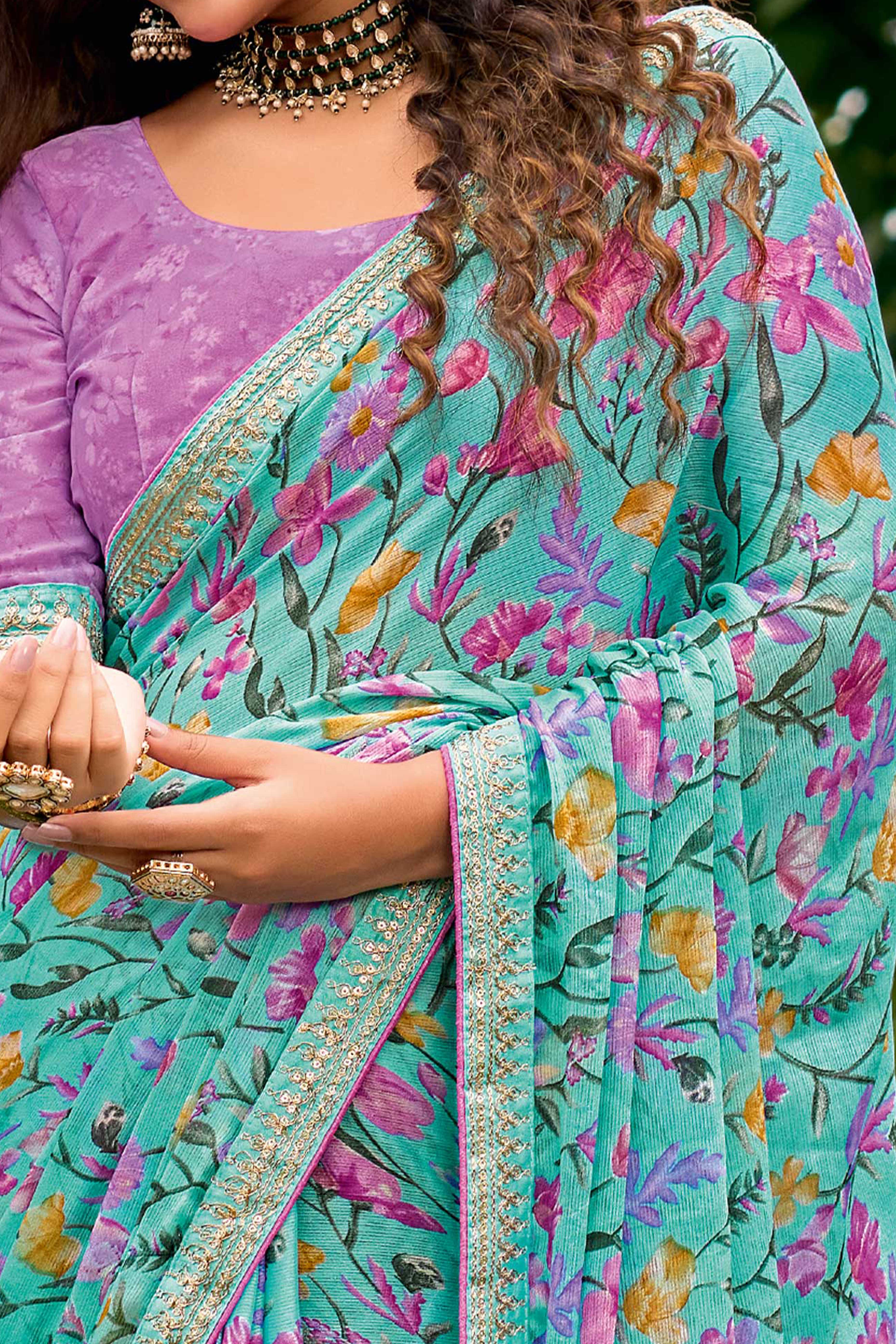 Turquoise Floral Chiffon Saree Enhanced with Fine Embroidery on the Border