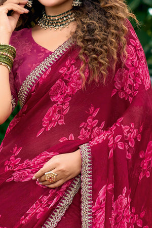 Maroon Floral Chiffon Saree Enhanced with Fine Embroidery on the Border