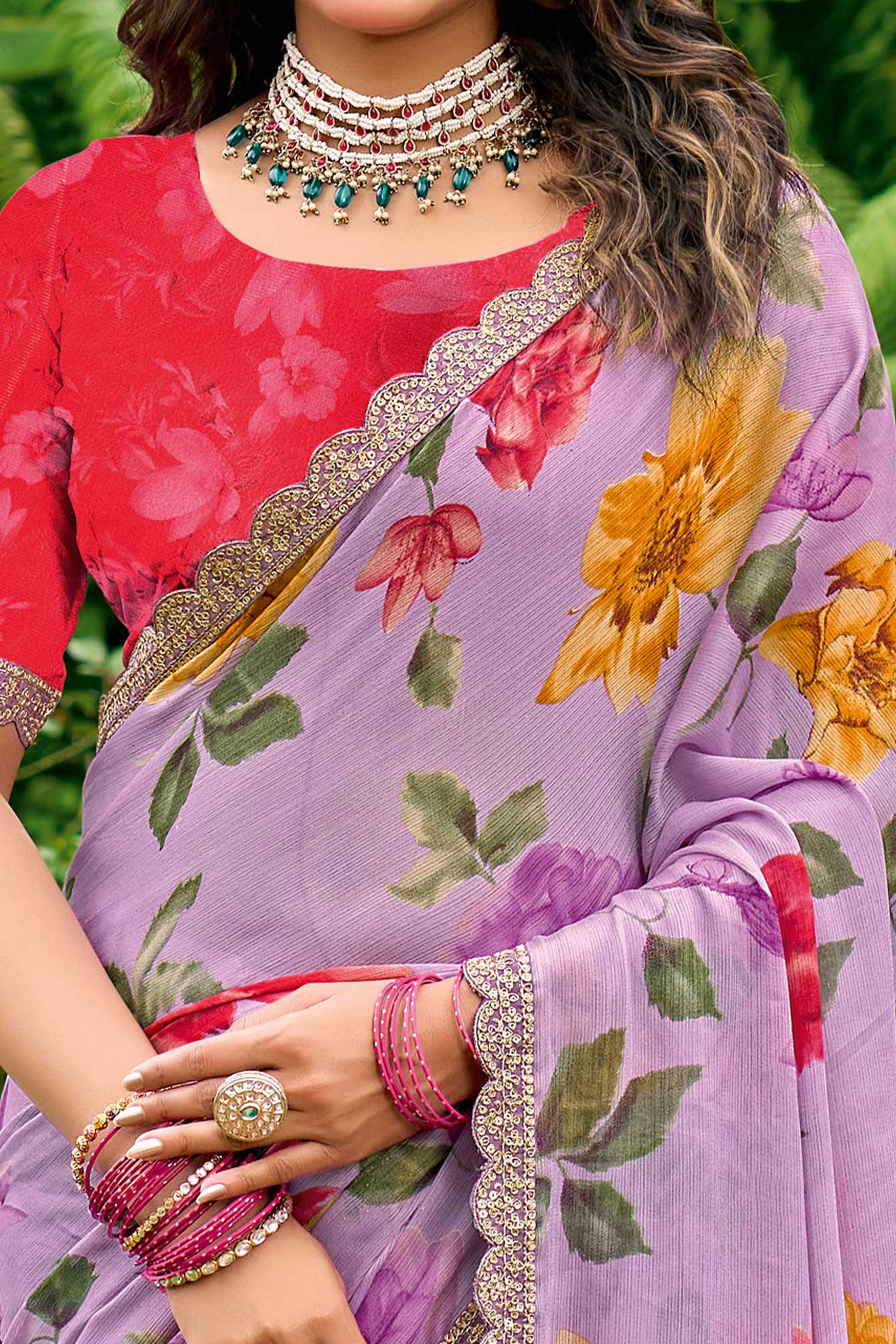 Purple Floral Chiffon Saree Enhanced with Fine Embroidery on the Border