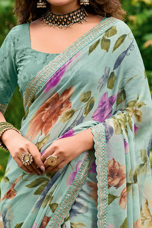 Sea Green Floral Chiffon Saree Enhanced with Fine Embroidery on the Border