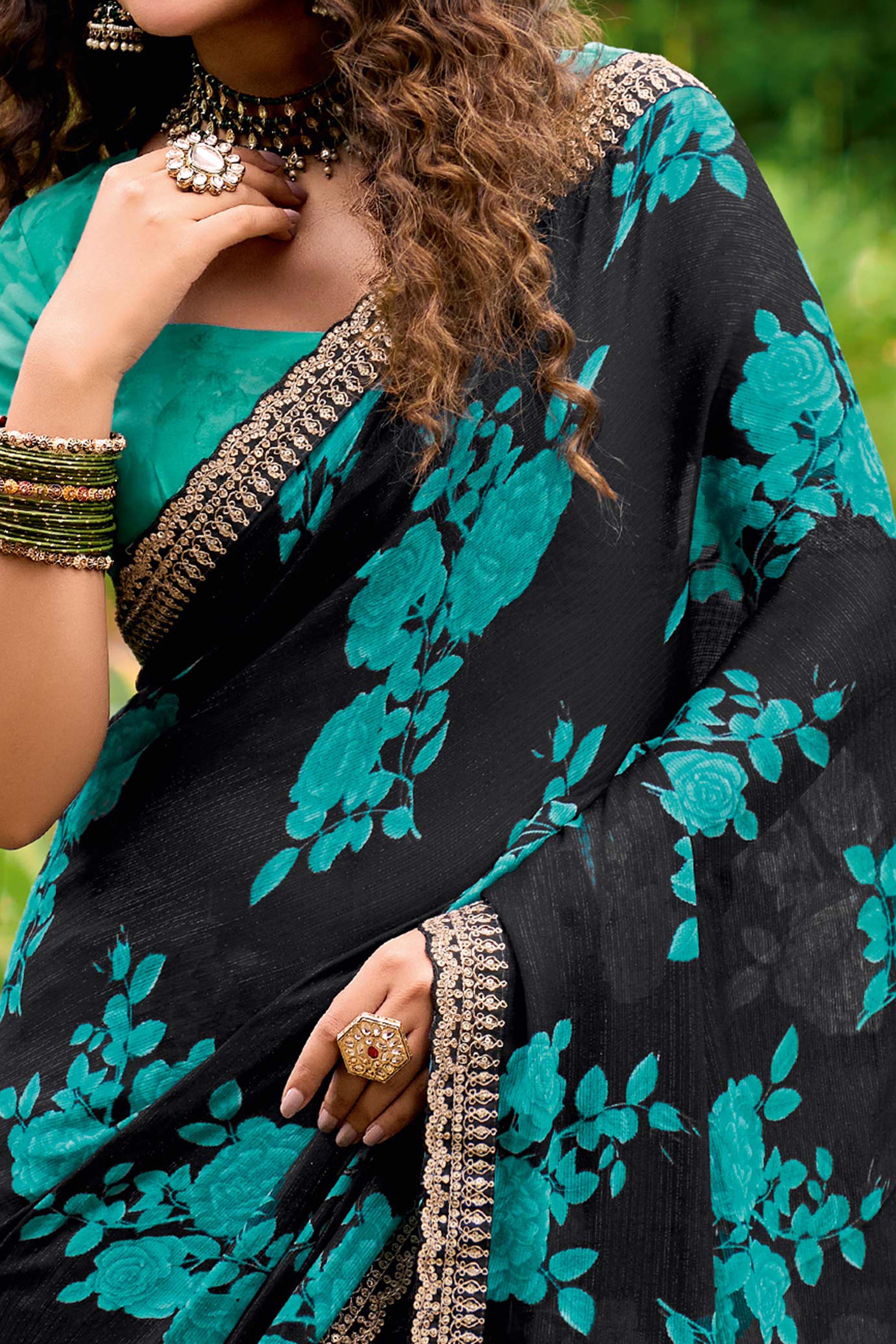 Black Floral Chiffon Saree Enhanced Fine Embroidery on the Border