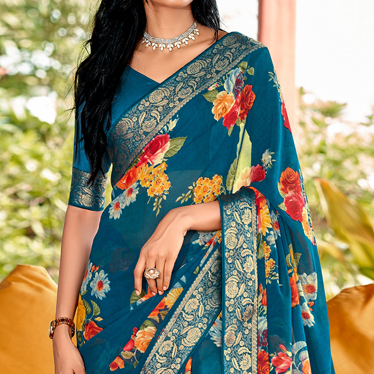 Teal Floral Printed Georgette Saree With Border & Jacquard Blouse