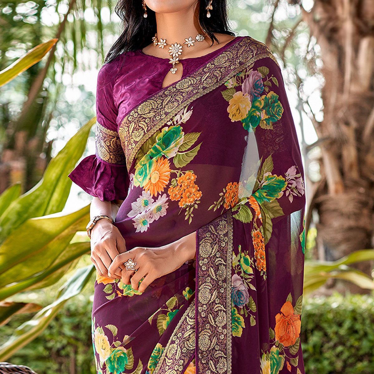 Wine Floral Printed Georgette Saree With Border & Jacquard Blouse