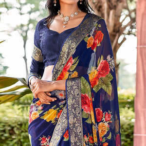 Blue Floral Printed Georgette Saree With Border & Jacquard Blouse