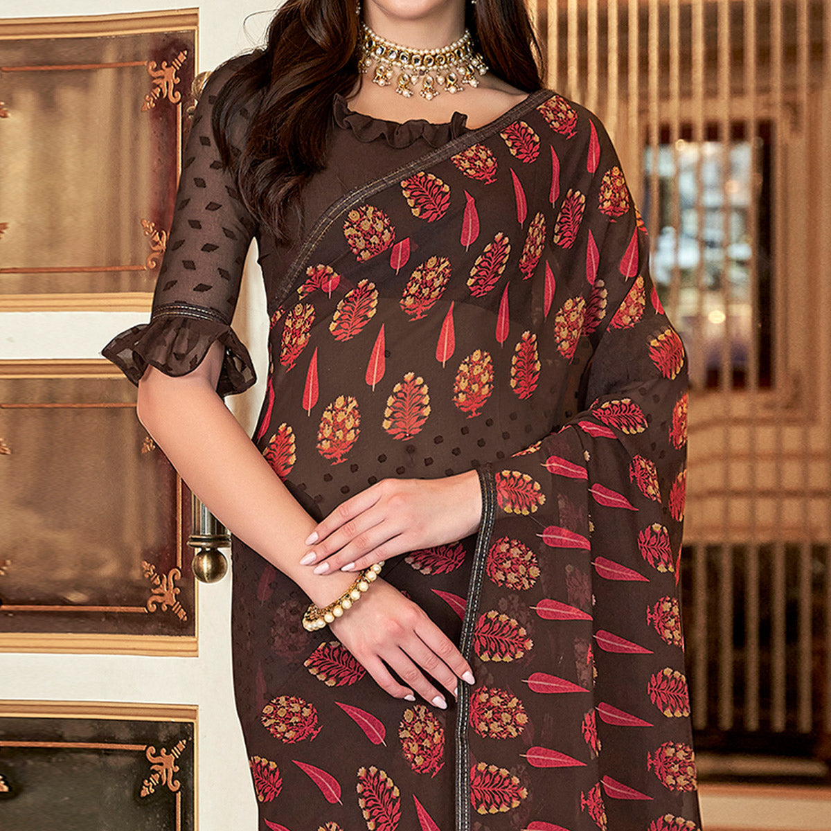 Brown Floral Printed Georgette Saree with Stich Border