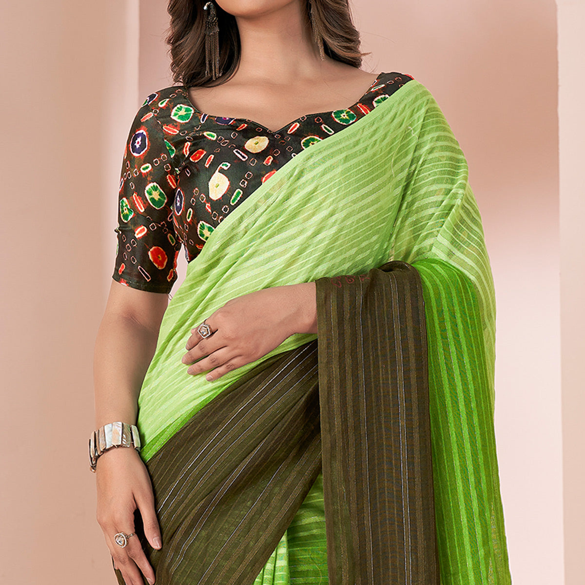 Green Woven Linen Saree With Tassels