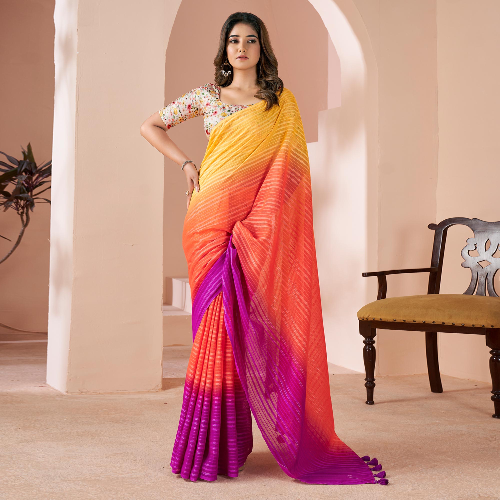 Multicolor Woven Linen Saree With Tassels