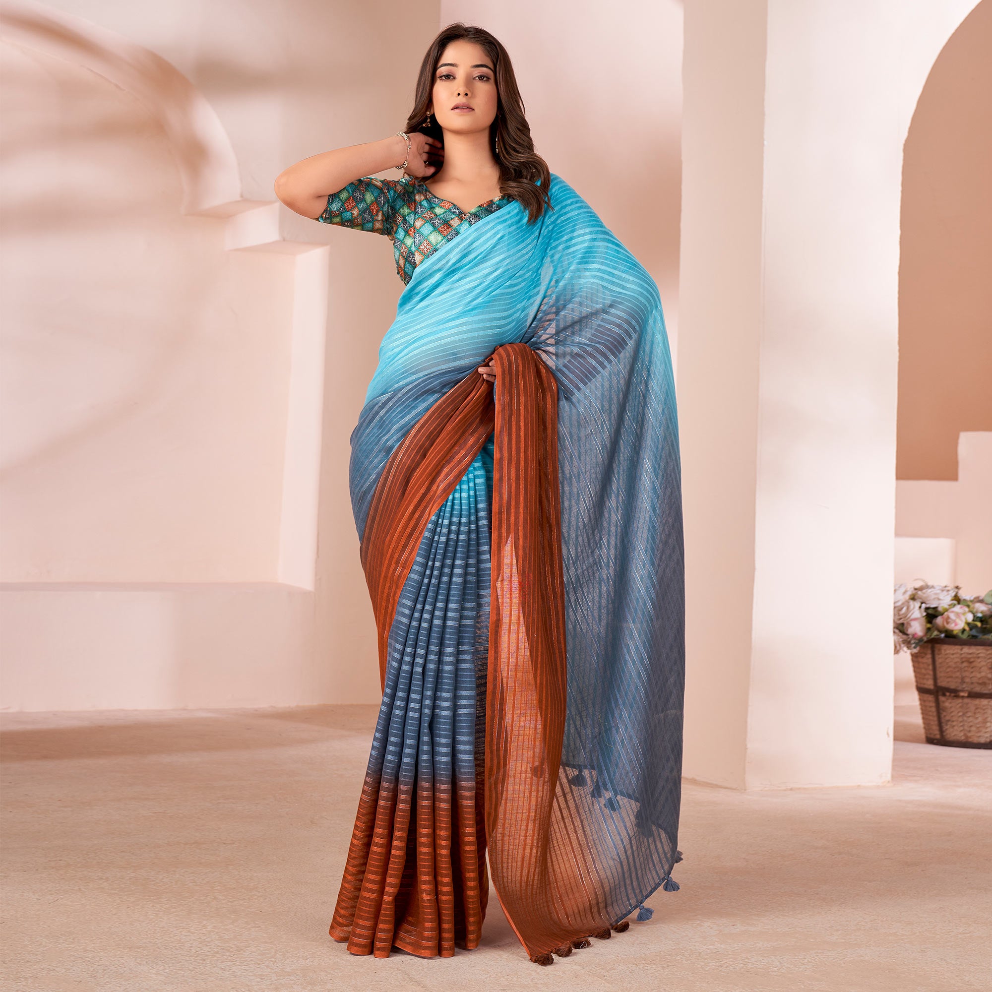 Multicolor Woven Linen Saree With Tassels