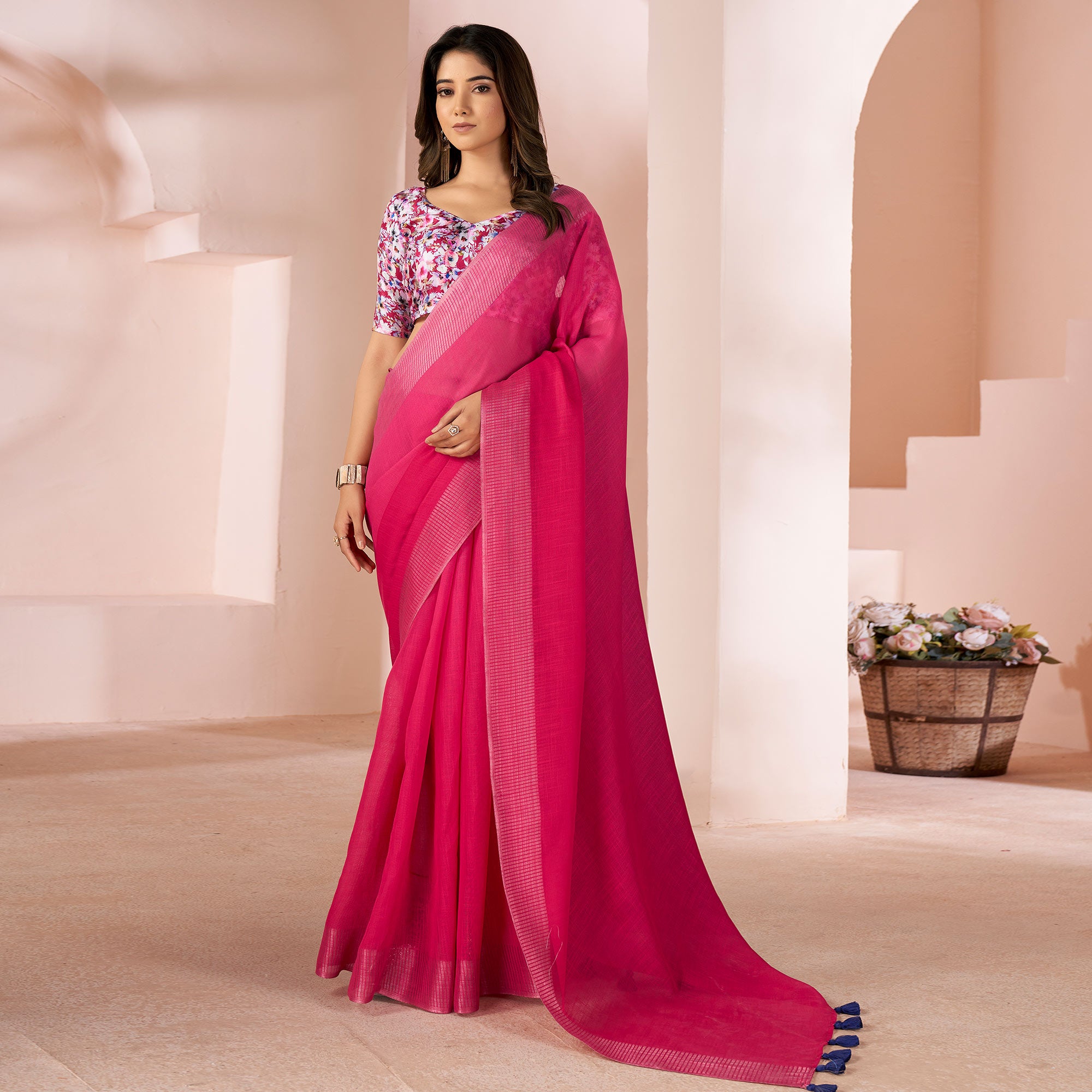 Pink Woven Linen Saree With Tassels