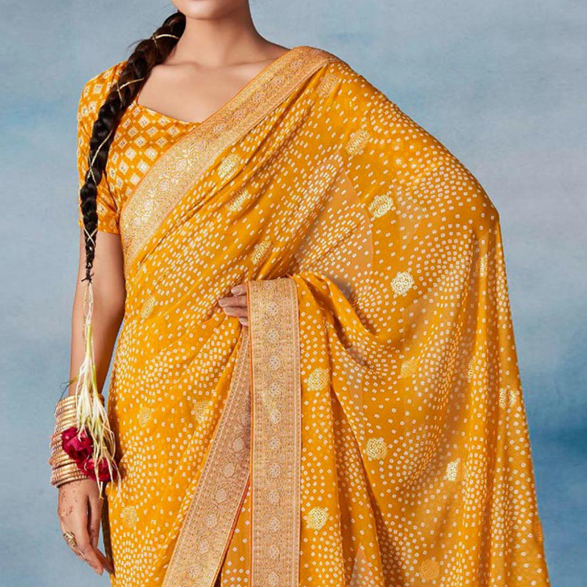 Mustard Bandhani Printed With Woven Border Georgette Saree