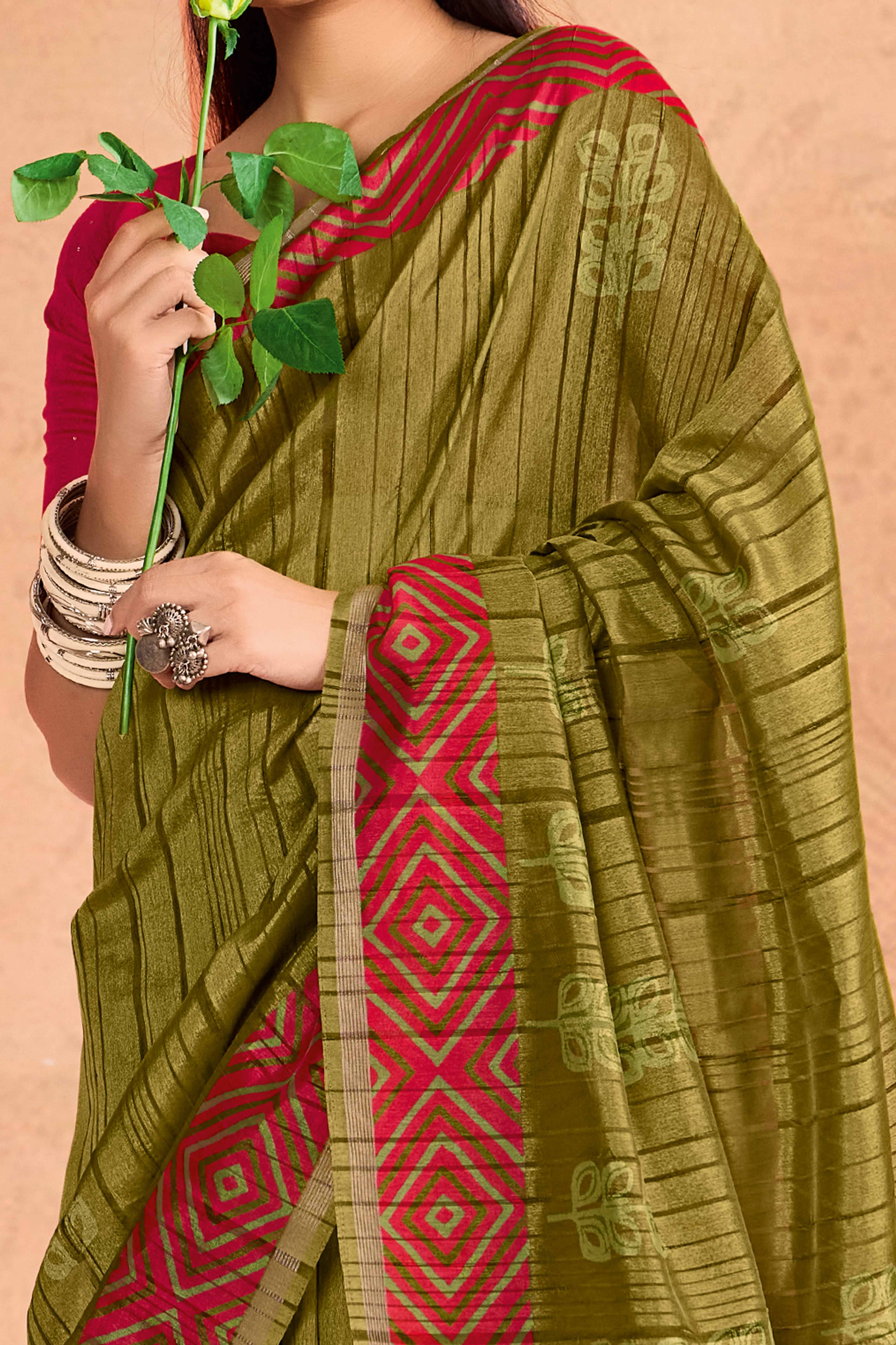 Mehendi Green Silk Blend Saree with Bold Abstract Print