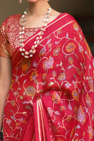 Charming Floral Print Red Chiffon Saree with Breezy Lightness