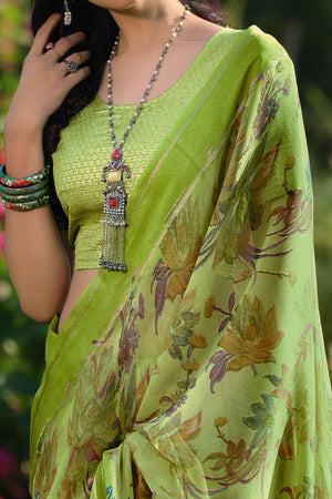 Charming Floral Print Green Chiffon Saree with Breezy Lightness
