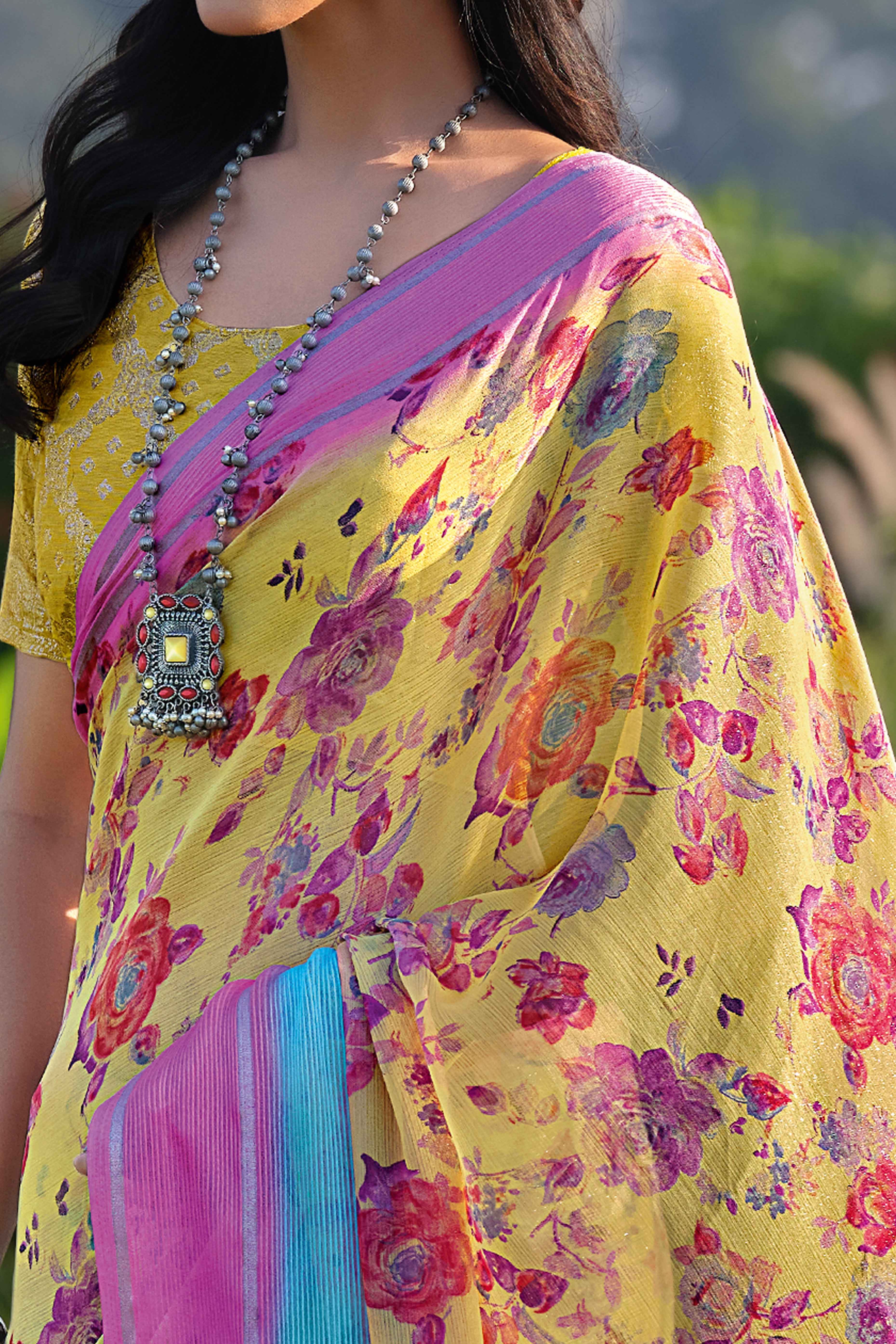 Charming Floral Print Yellow Chiffon Saree with Breezy Lightness