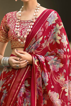 Charming Floral Print Maroon Chiffon Saree with Breezy Lightness