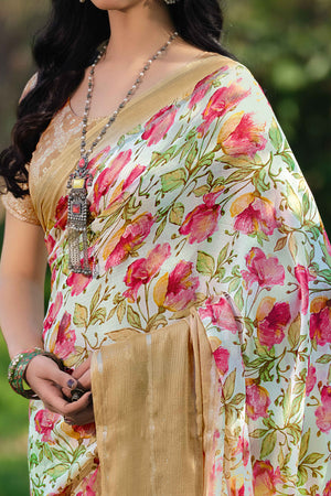 Charming Floral Print Off White Chiffon Saree with Breezy Lightness
