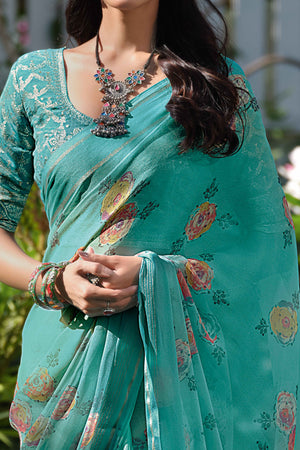 Charming Floral Print Turquoise Chiffon Saree with Breezy Lightness