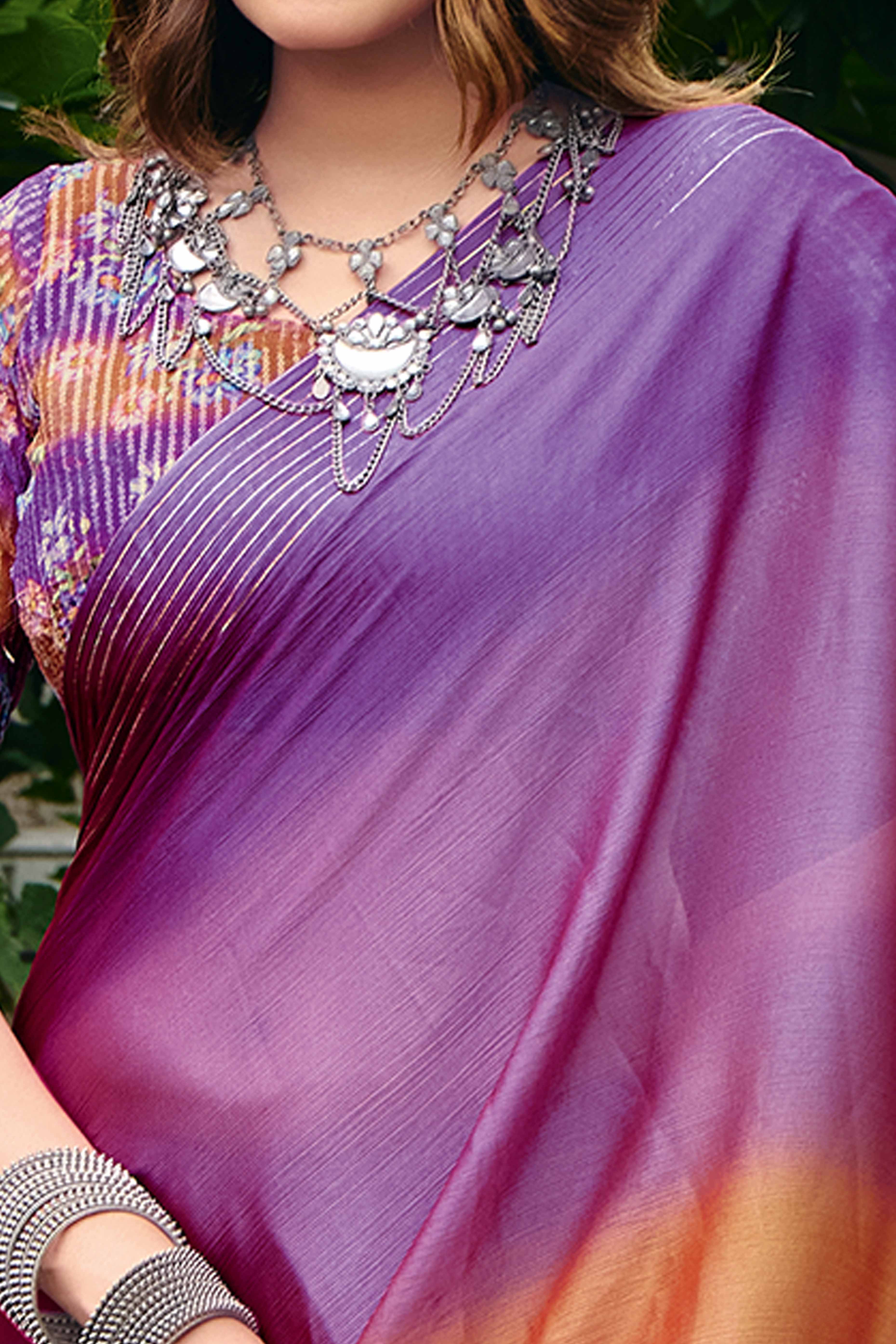 Purple & Brown Ombre Chiffon Saree Embellished with Golden Zari