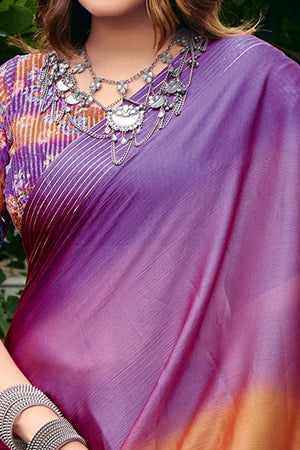 Purple & Brown Ombre Chiffon Saree Embellished with Golden Zari