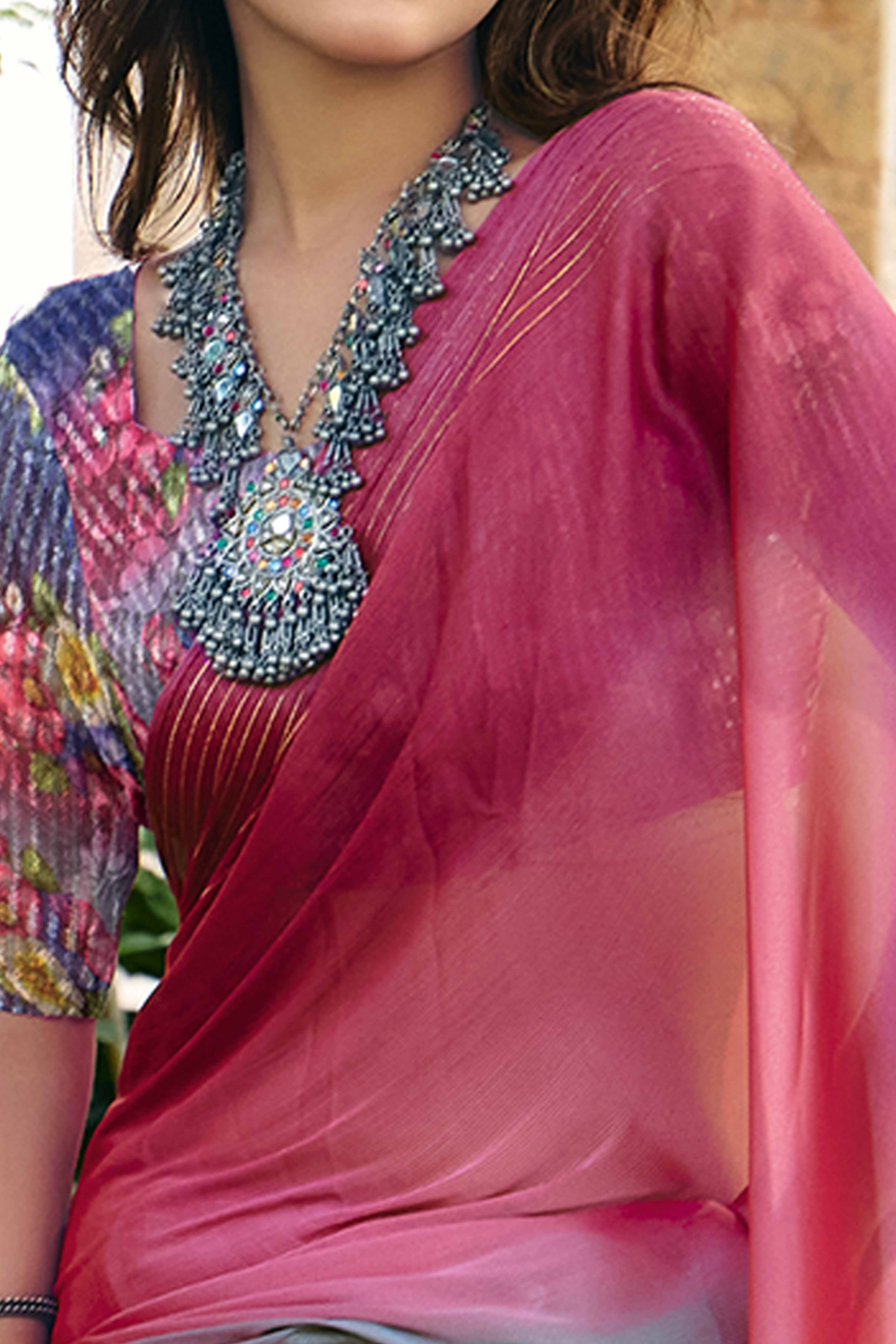 Multicolor Ombre Chiffon Saree Embellished with Golden Zari