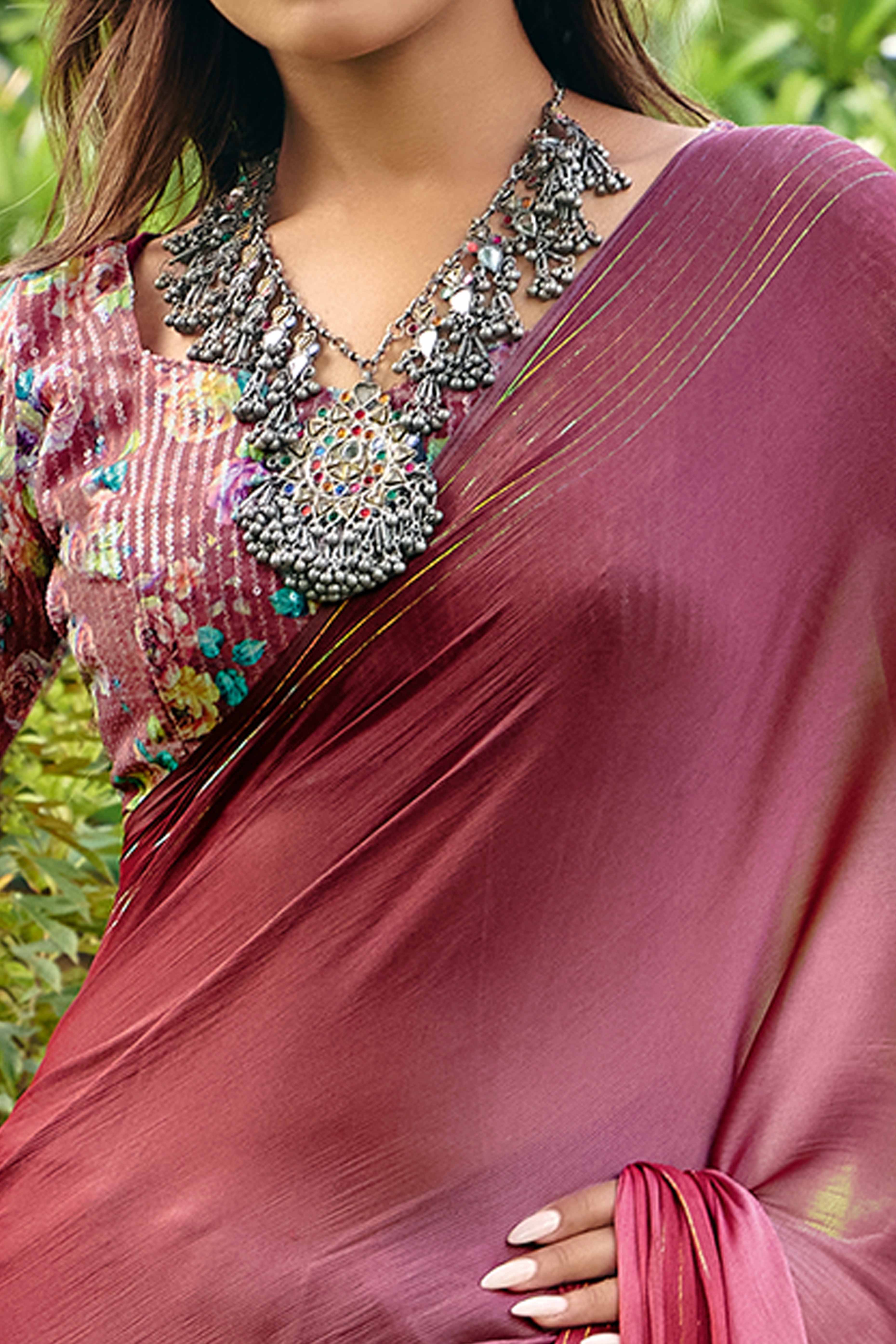Mauve Ombre Chiffon Saree Embellished with Golden Zari