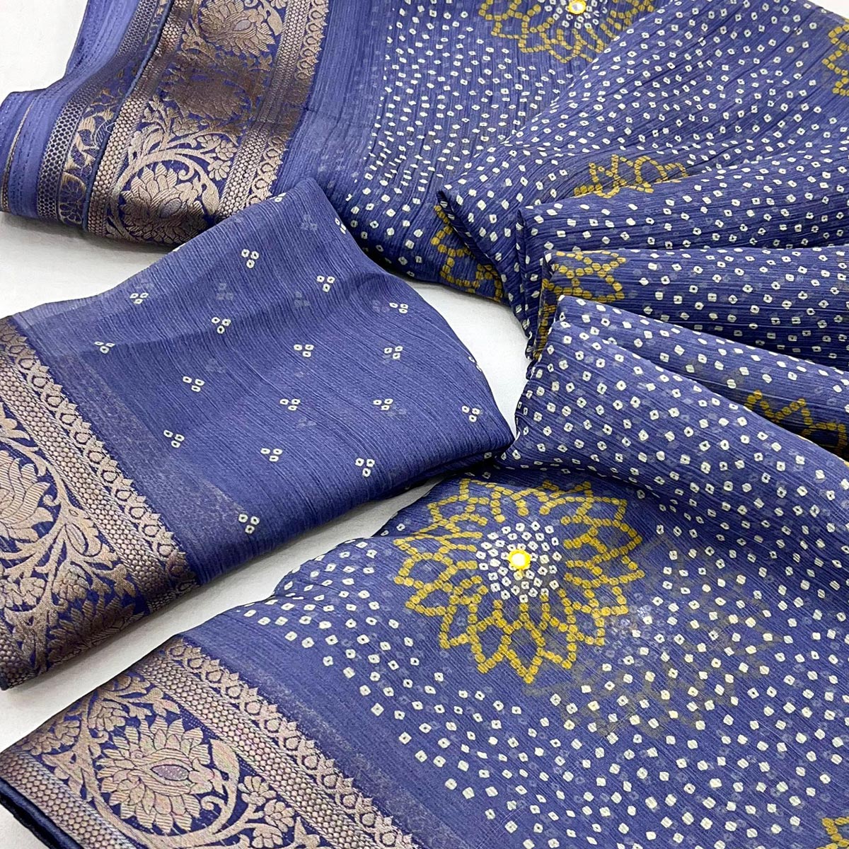 Blue Bandhani Printed Chiffon Saree
