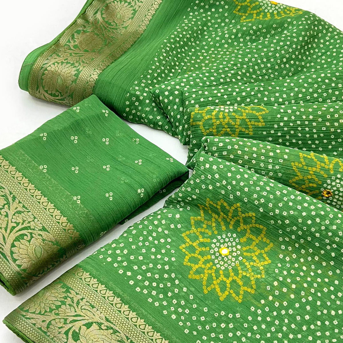 Green Bandhani Printed Chiffon Saree
