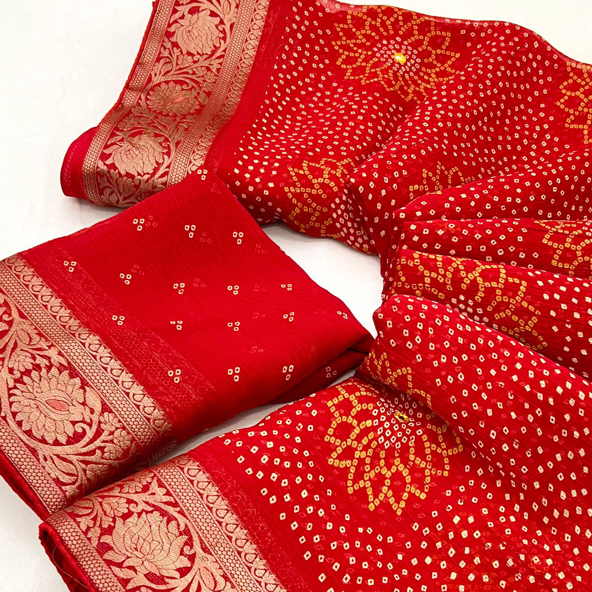 Red Bandhani Printed Chiffon Saree