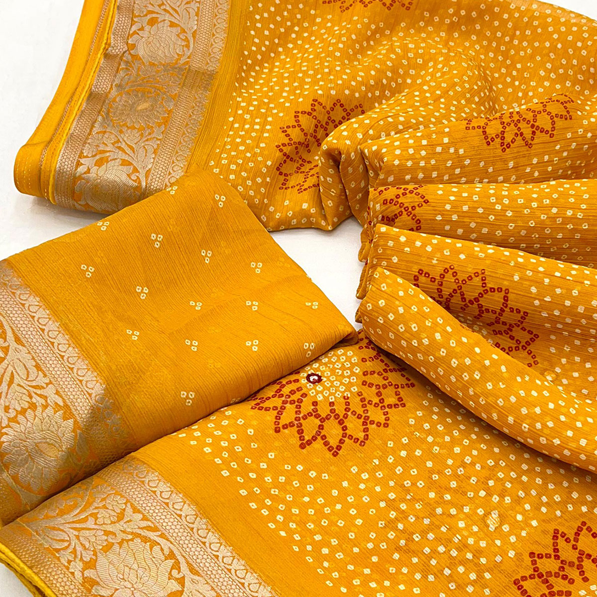 Mustard Bandhani Printed Chiffon Saree