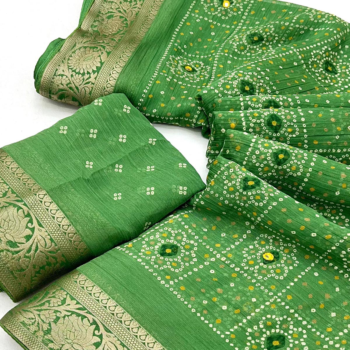 Green Bandhani Printed Chiffon Saree