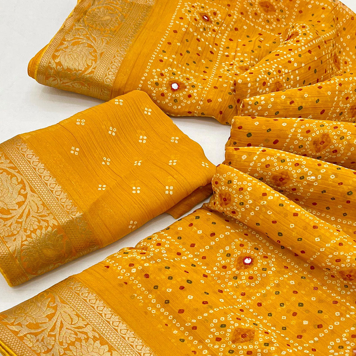 Mustard Bandhani Printed Chiffon Saree
