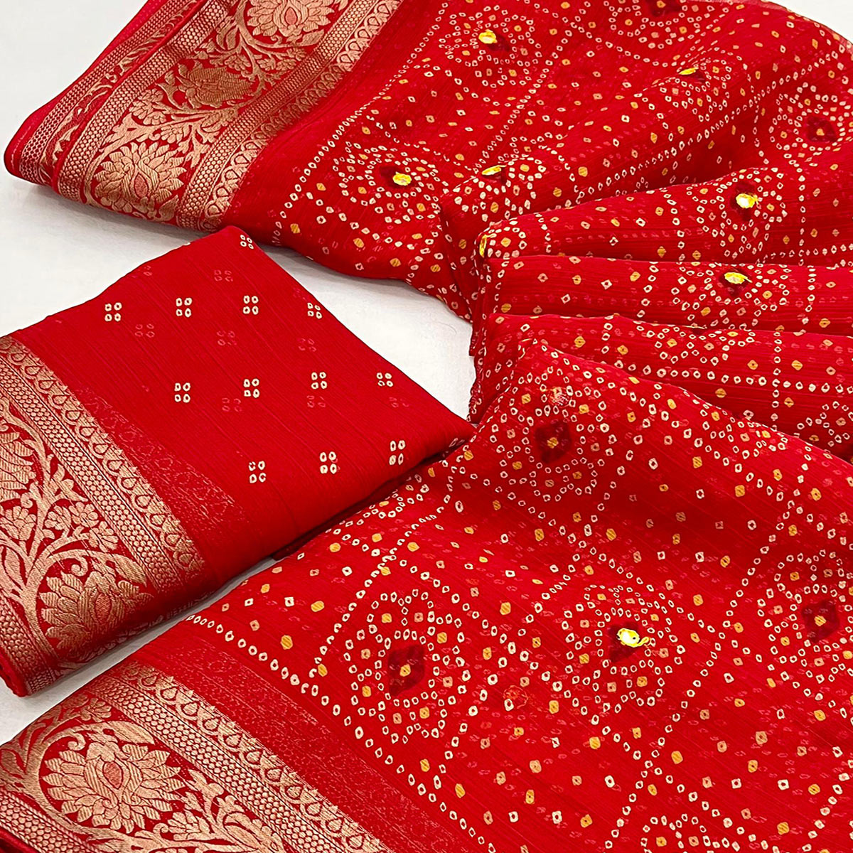Red Bandhani Printed Chiffon Saree