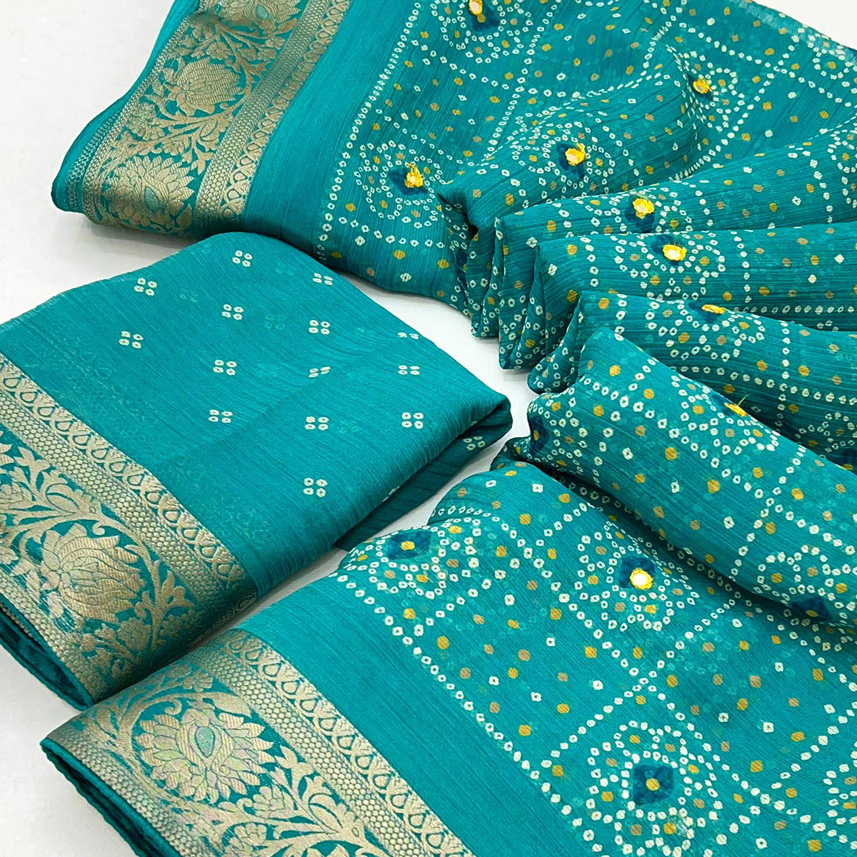Rama Green Bandhani Printed Chiffon Saree