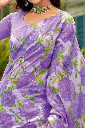 Lavender Floral Printed Silk Blend Saree Enhanced with Intricate Stone Detailing
