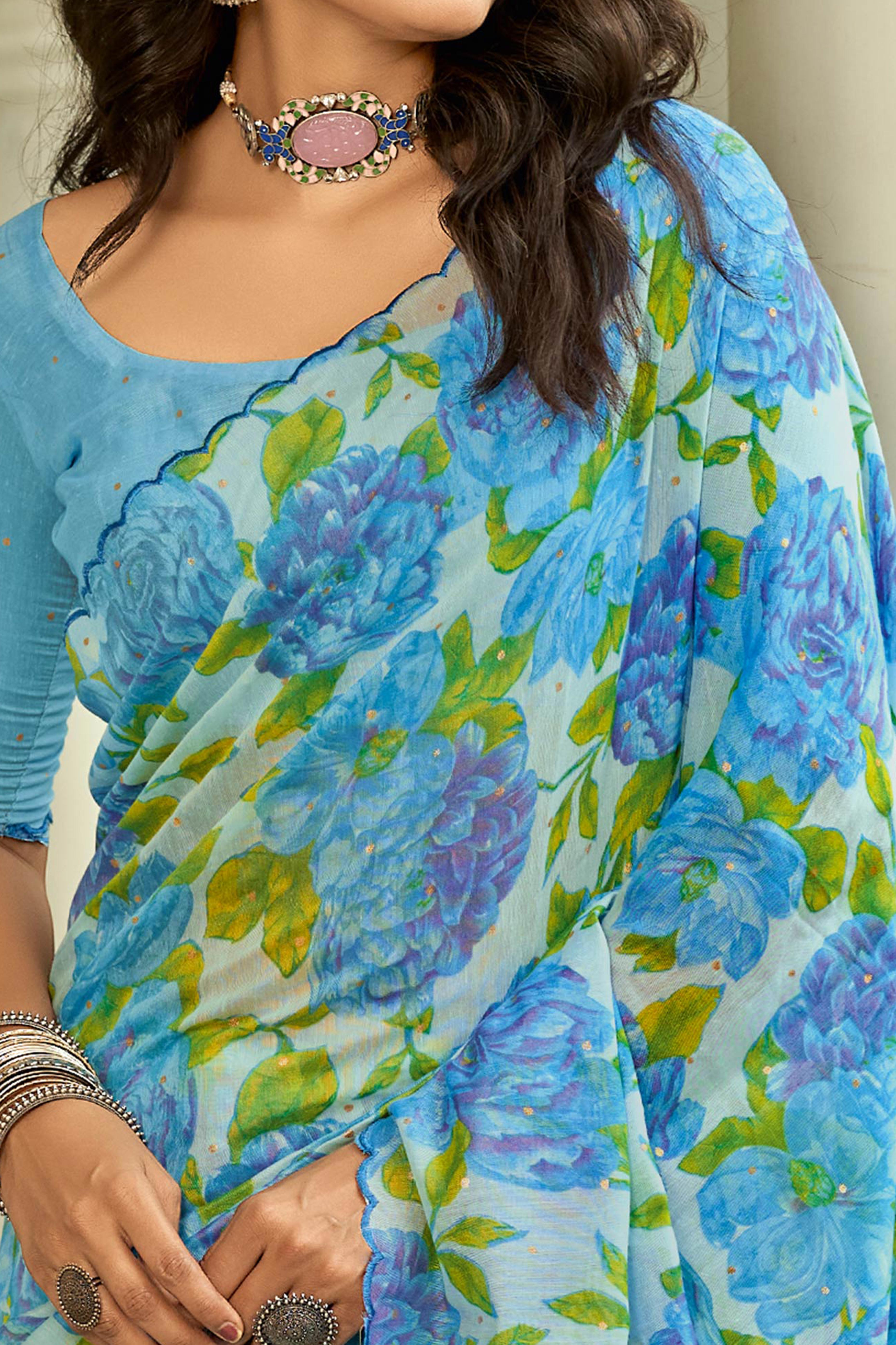 Blue Floral Printed Silk Blend Saree Enhanced with Intricate Stone Work