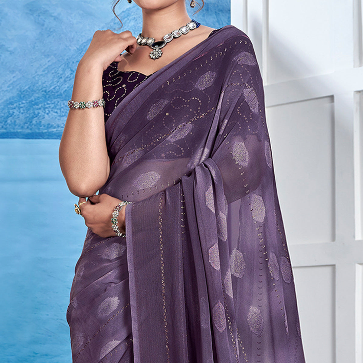 Dark Purple Woven Fancy Fabric Saree With Tassels