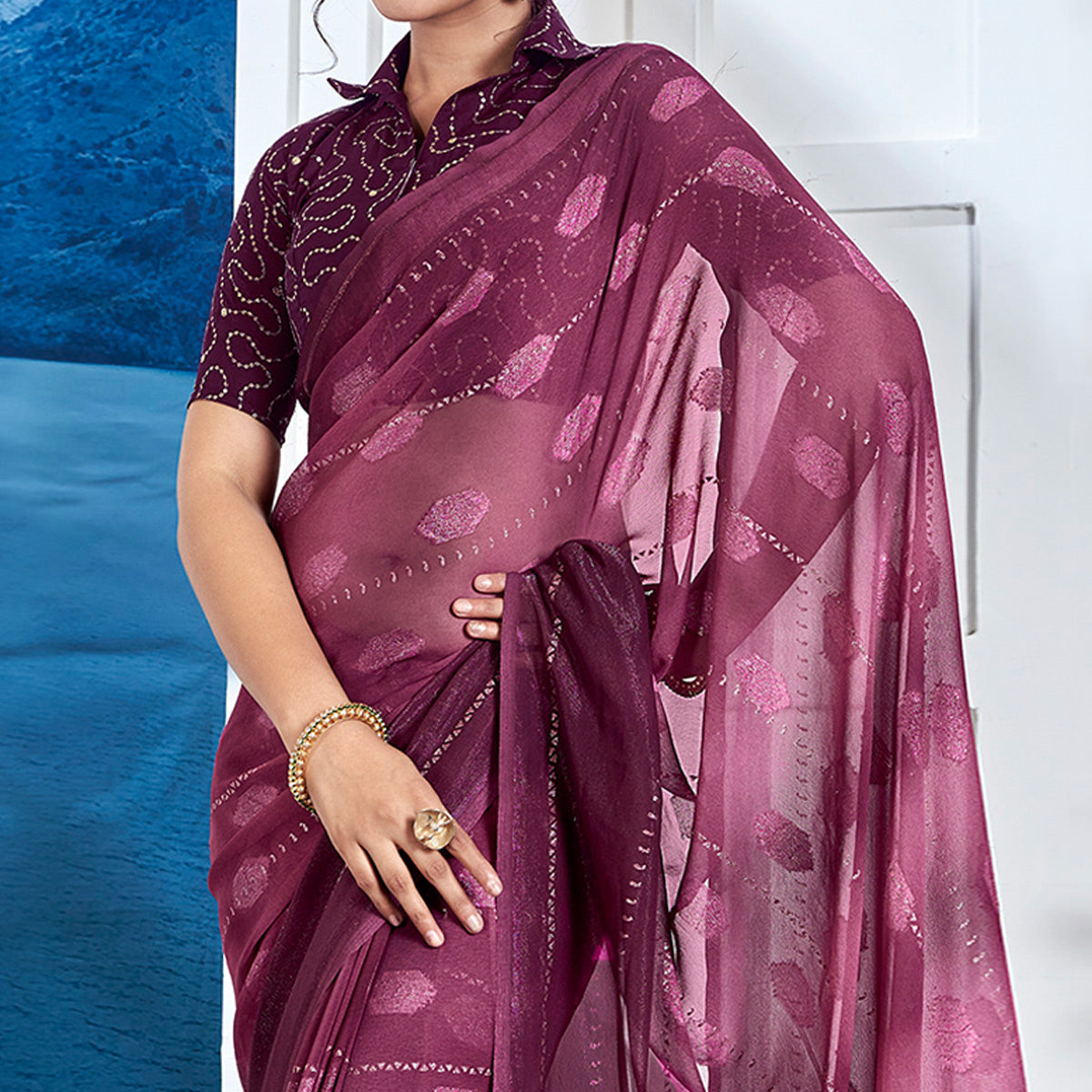 Dark Magenta Woven Fancy Fabric Saree With Tassels