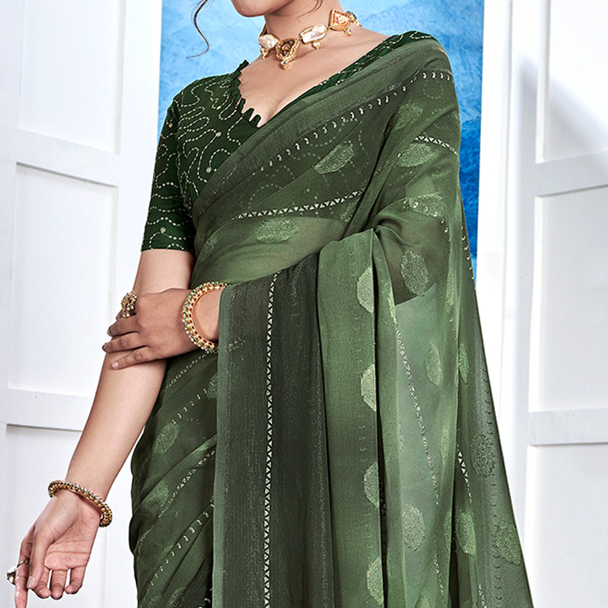 Green Woven Fancy Fabric Saree With Tassels